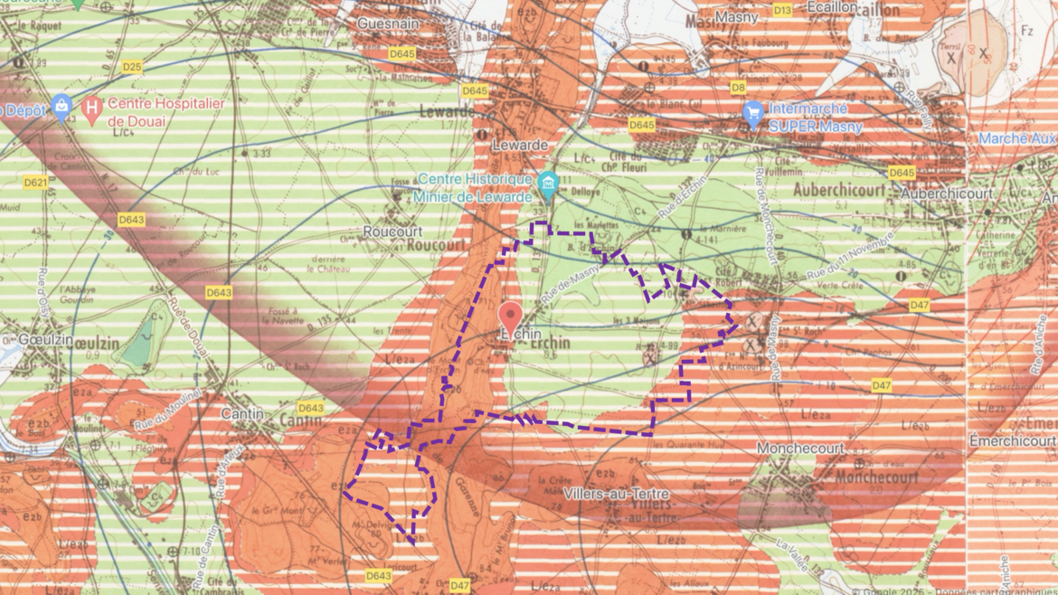 Délimitation du territoire communal, extrait de la carte géologique (feuille de Douai).